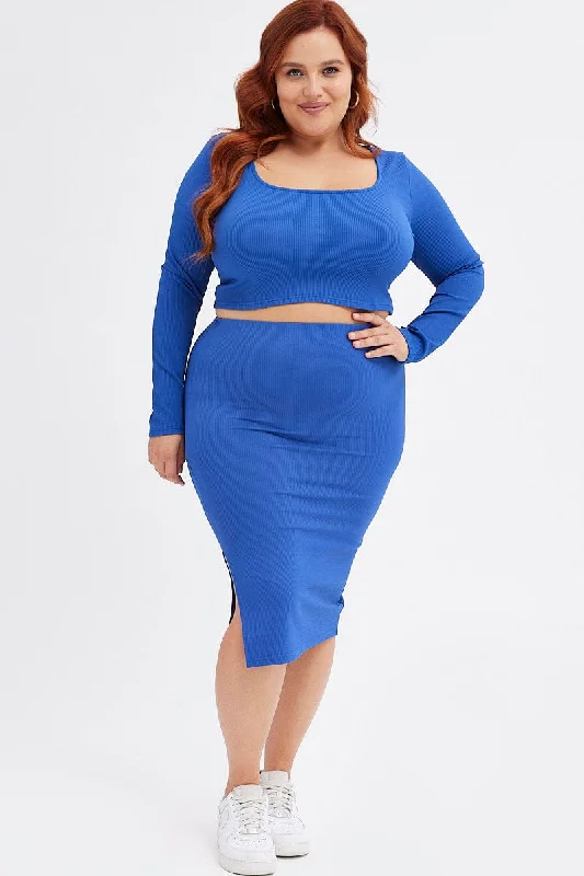 Blue Midi Skirt Rib Jersey Seamless Look cotton skirt soft