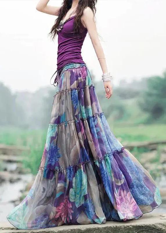 Bohemian Purple Drawstring Wrinkled Patchwork Print Chiffon Skirt Summer low waist skirt