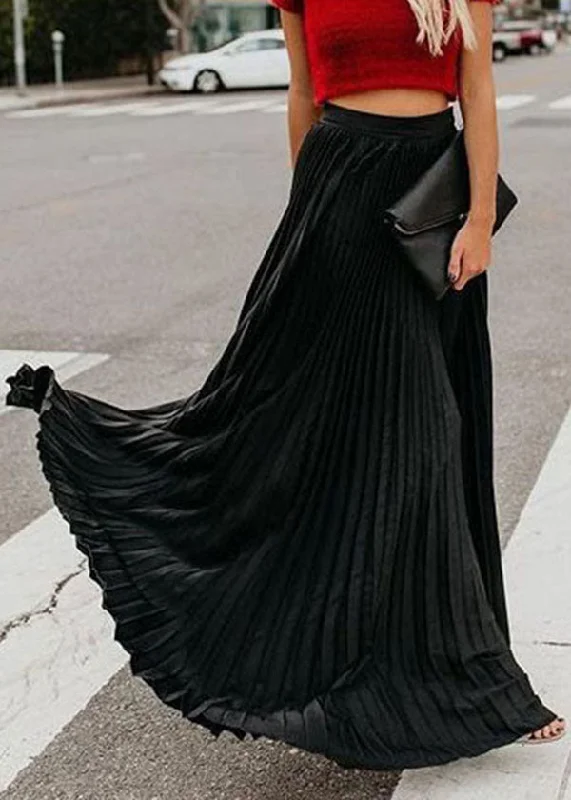 Boho Solid Black Elastic Waist Chiffon Pleated Skirts summer lace skirt feminine