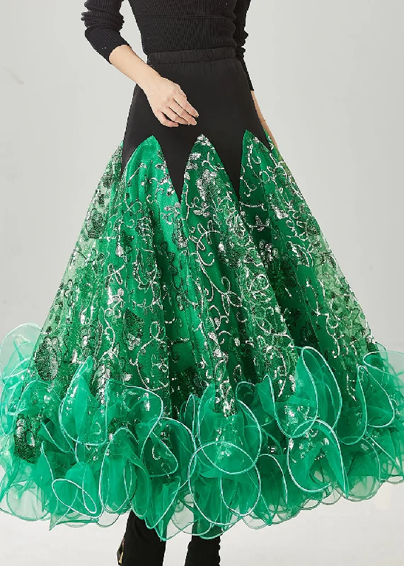 Boutique Green Sequins Patchwork Tulle Skirt Spring leather skirt sleek