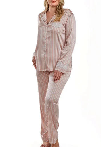 Brittney Plus Size Satin Striped Button Down Pajama Pant Set Casual Yoga Pants