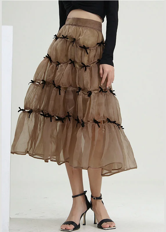 Chic Milk tea color Bow wrinkled Skirts Spring tiered skirt playful