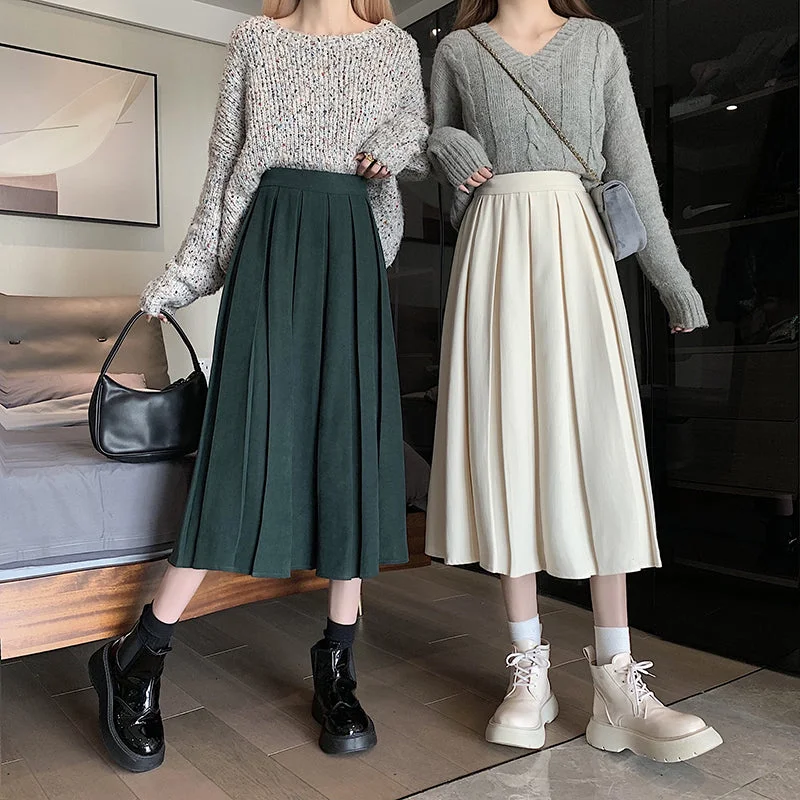 Corduroy Suede Pleated Midi Skirt (6 Colors) denim skirt trendy