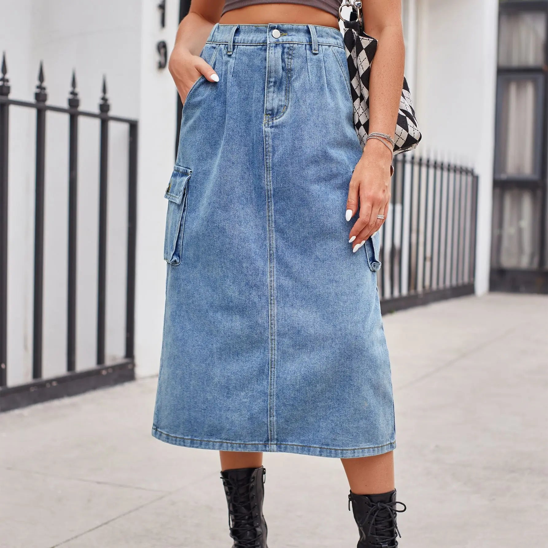 2024 Straight Long Denim High Waist Button Pockets Split Retro Maxi Skirt wool skirt warm