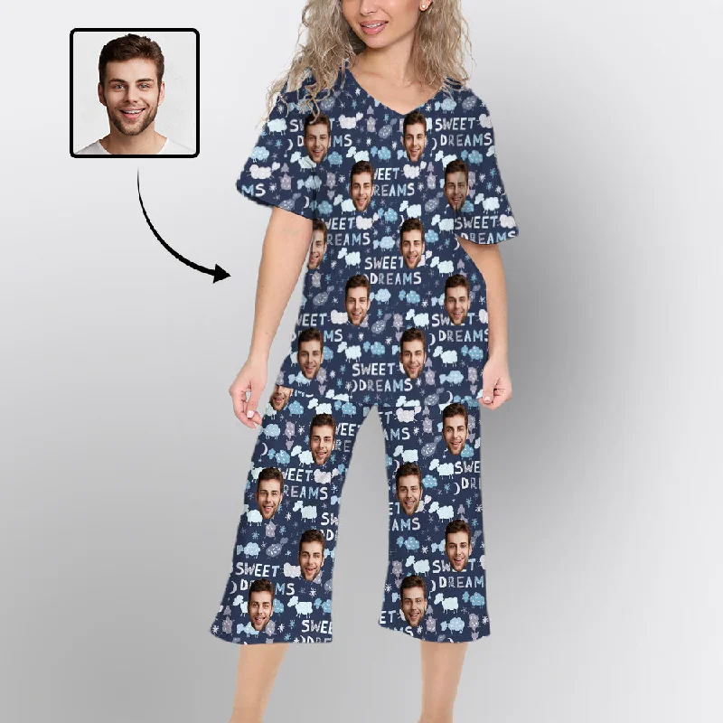 Custom Face Pajamas Set Loungewear Personalized V Neck Women's Cropped Pants Loungewear Set Casual Plaid Pants