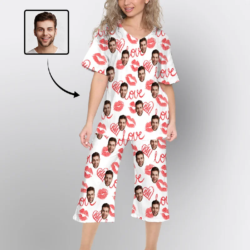 Custom Face Pajamas Set Loungewear Personalized V Neck Women's Cropped Pants Red Lips Loungewear Set Slim-Fit Leggings