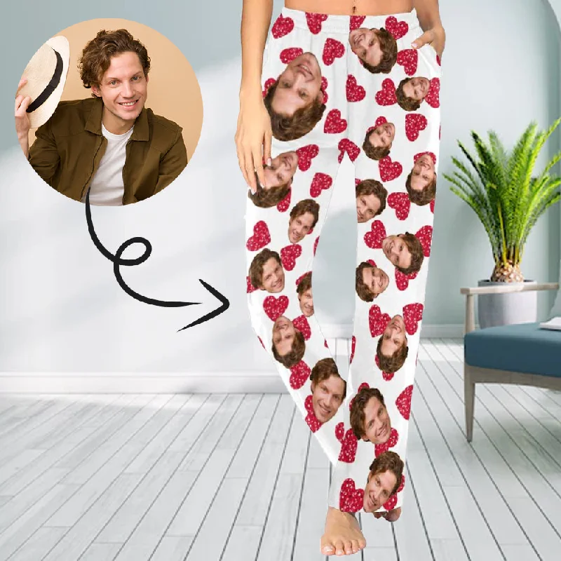 Custom Face Red Heart Sleepwear Personalized Women's Slumber Party Long Pajama Pants Stretch Fit Pants