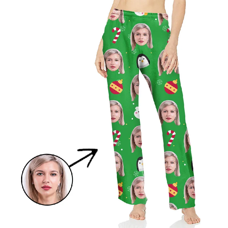 Custom Photo Pajamas Pants For Women Candy Cane And Christmas Green High-Waist Jogger Pants