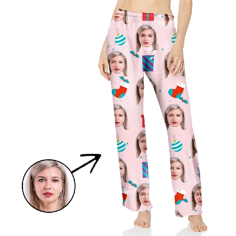 Custom Photo Pajamas Pants For Women Celebrate Christmas With Lights Pink Comfortable Jogging Pants