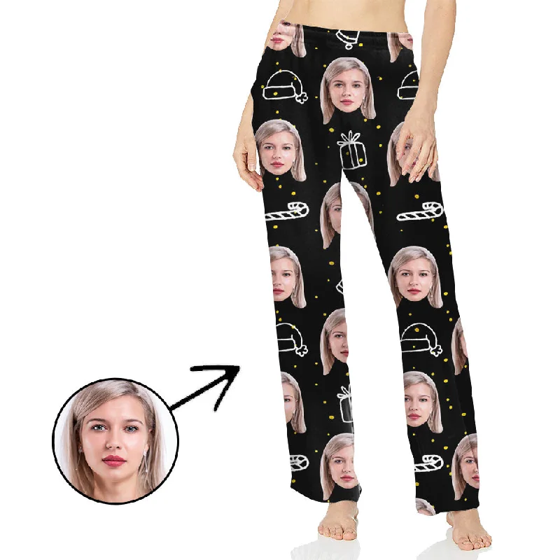 Custom Photo Pajamas Pants For Women Christmas Hat And Candy Cane Lightweight Jogger Pants