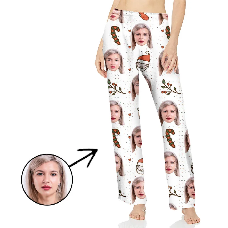 Custom Photo Pajamas Pants For Women Cute Santa And Candy Cane Trendy Velvet Pants