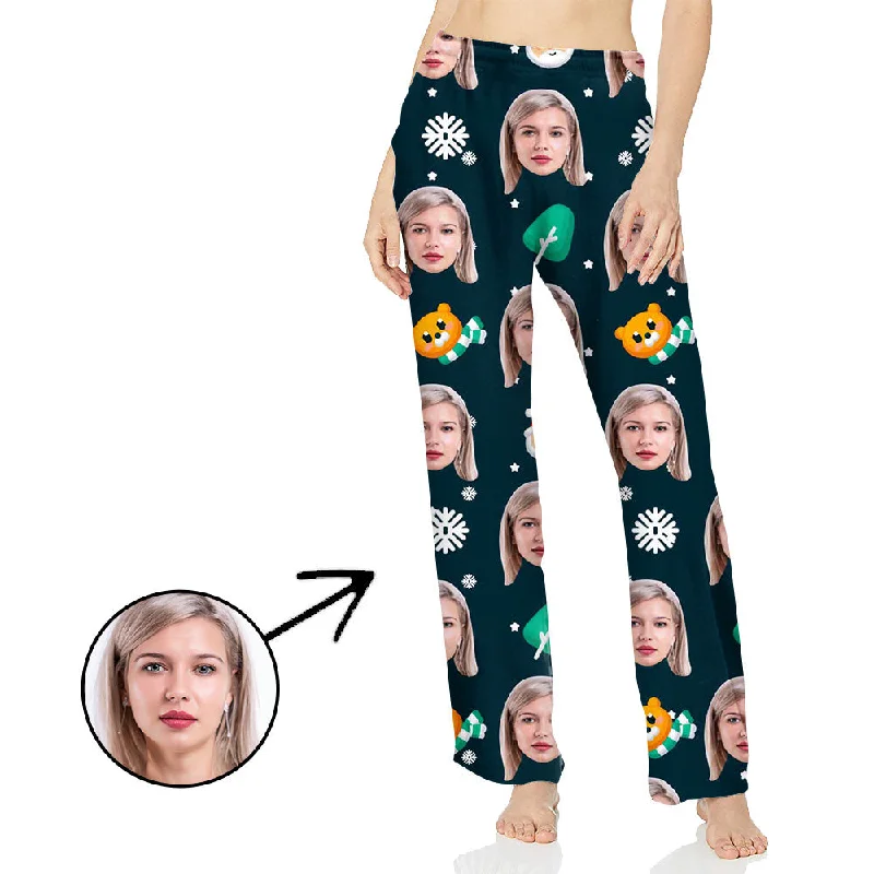 Custom Photo Pajamas Pants For Women Snowflake And Lovely Bear Lightweight Jogger Pants