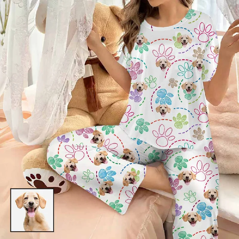 Custom Women's Pocket Short Sleeve&Long Pants Silk Satin Pajama Sets Personalized Face Colorful Pet Paw Nightwear Set Fashionable Tapered Leg Pants