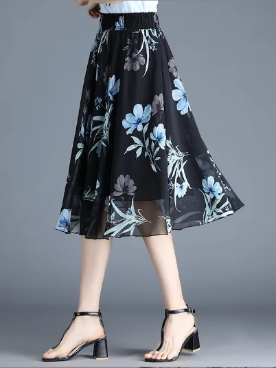 cute chiffon Joker floral long waist A-line skirt lace skirt elegant