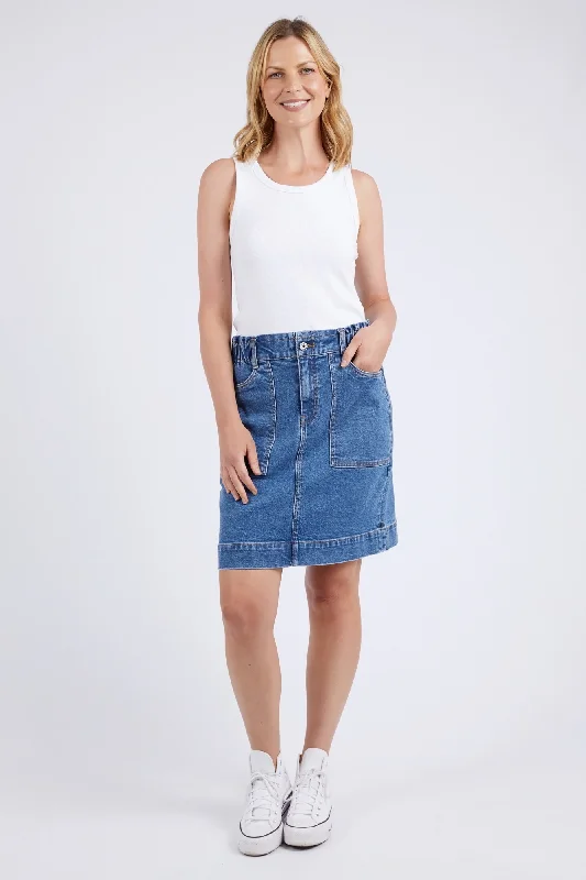 Elm Atlas Denim Skirt Dark Blue Wash silk skirt lustrous