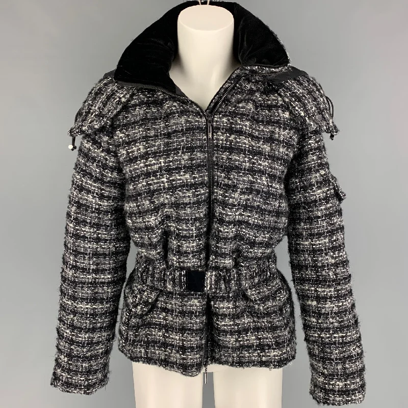 EMPORIO ARMANI Size 4 Black White Grey Wool Woven Hooded Jacket Faux Fur Jacket Real Fur Jacket Shearling Jacket EMPORIO ARMANI Size 4 Black White Grey Wool Woven Hooded Jacket Faux Fur Jacket Real Fur Jacket Shearling Jacket
