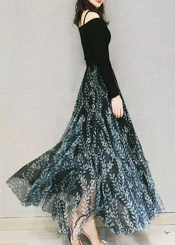Fashion Green Print Elastic Waist Loose Tulle Skirt Spring velvet skirt sumptuous
