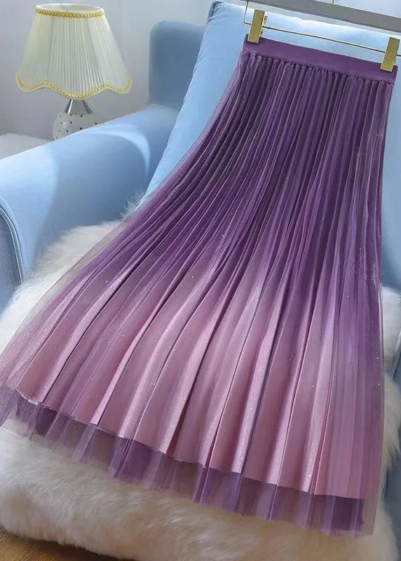 Fashion Purple Gradient Wrinkled High Waist Tulle Skirt Spring maxi skirt elegant