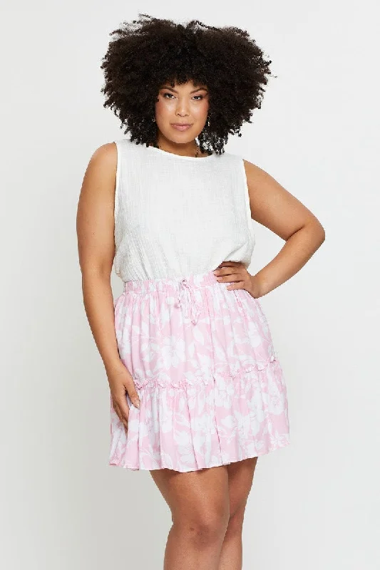 Floral Print Mini Skater Skirt Elastic Waist midi skirt versatile