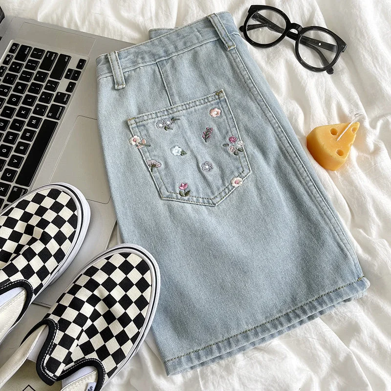 Flower Pocket Denim Skirt (Light Blue) leather skirt sleek
