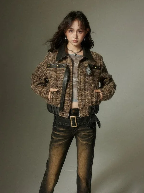 Fragrant Plaid Leather Jacket With Small Splicing Trench Coat Raincoat Waterproof Jacket Fragrant Plaid Leather Jacket With Small Splicing Trench Coat Raincoat Waterproof Jacket