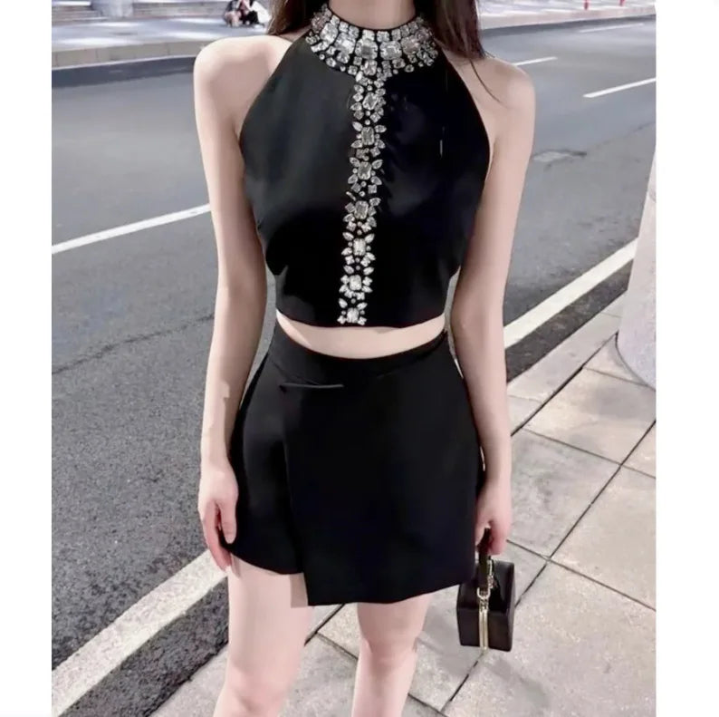 French Luxury Diamonds Beading Crop Irregular Skirt a-line skirt cut