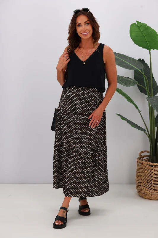 Gloss by Shine On Lucerne Tiered Maxi Skirt Black Natural Geo chiffon skirt airy