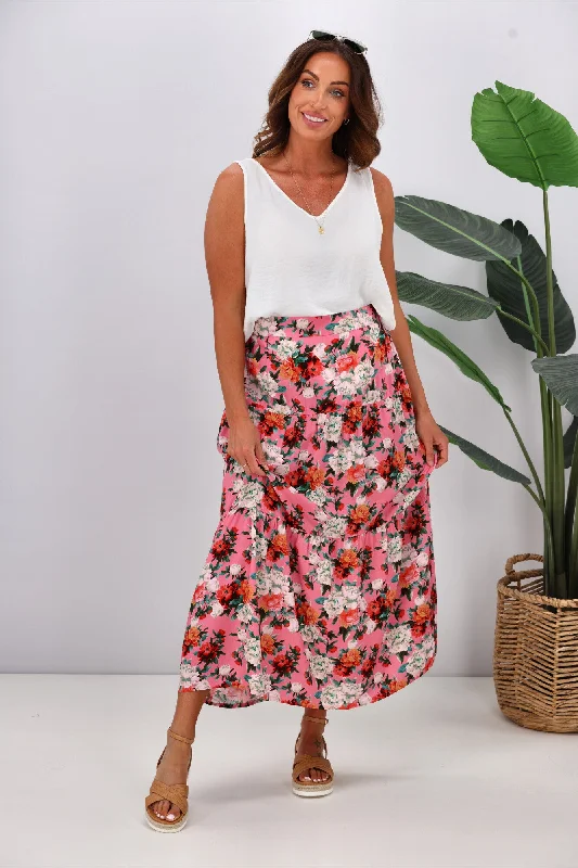 Gloss by Shine On Lucerne Tiered Maxi Skirt Pink Floral satin skirt smooth