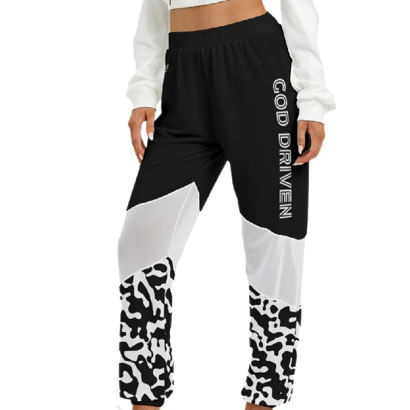 GOD DRIVEN  Black and White Camouflage Print Mesh Pants Comfy Zip-Up Pants