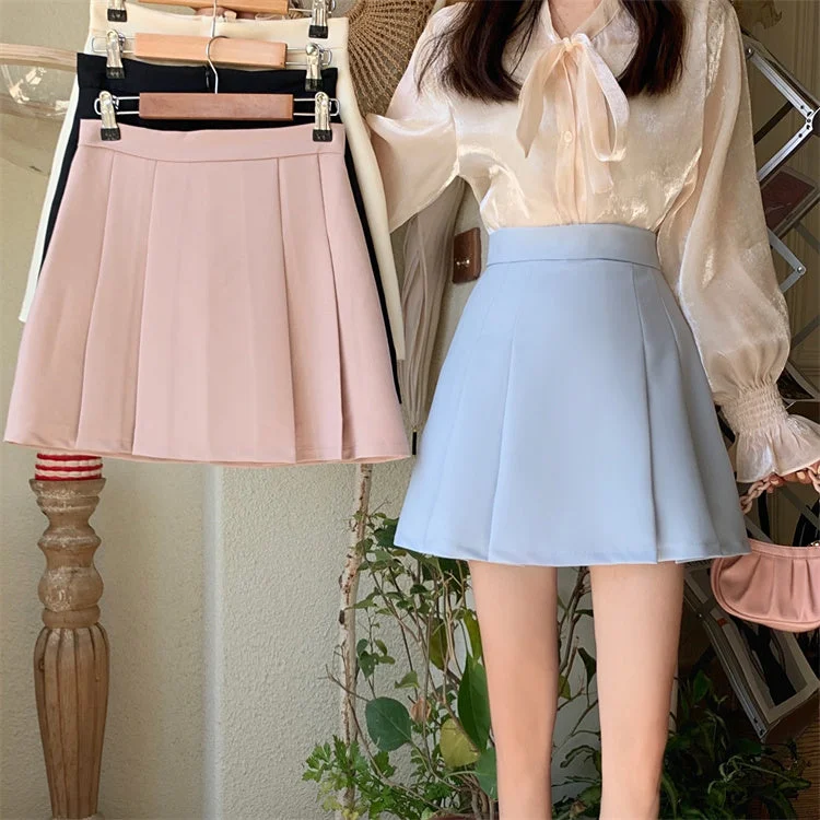 Half Pleated Mini Skirt (4 Colors) denim skirt casual
