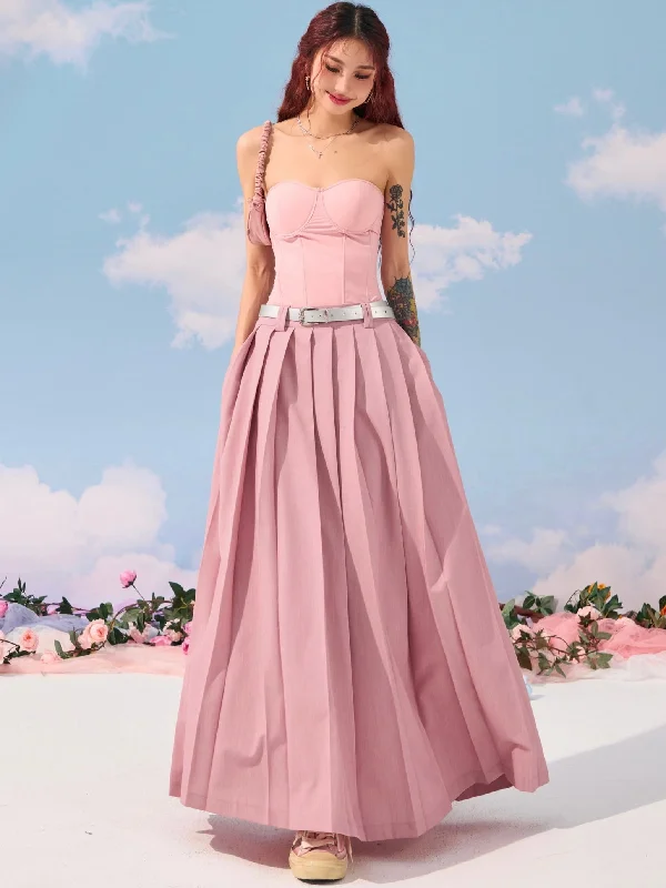 Halley Solid Color Waist Belt High Waist Pleated A-Line Long Skirt velvet skirt rich