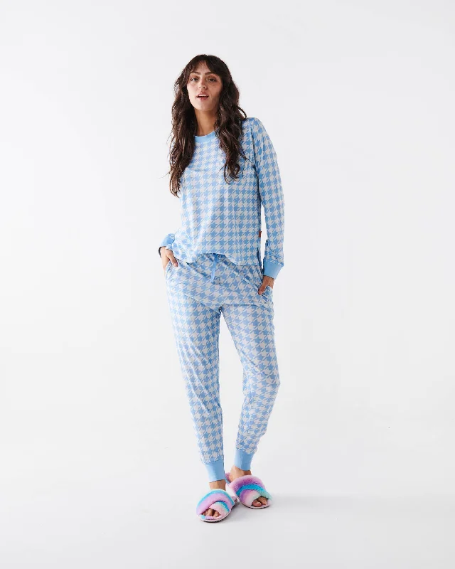 Houndstooth Blue Organic Cotton Long Sleeve Pyjama Top & Slouch Pant Pyjama Set Comfortable Maternity Pants