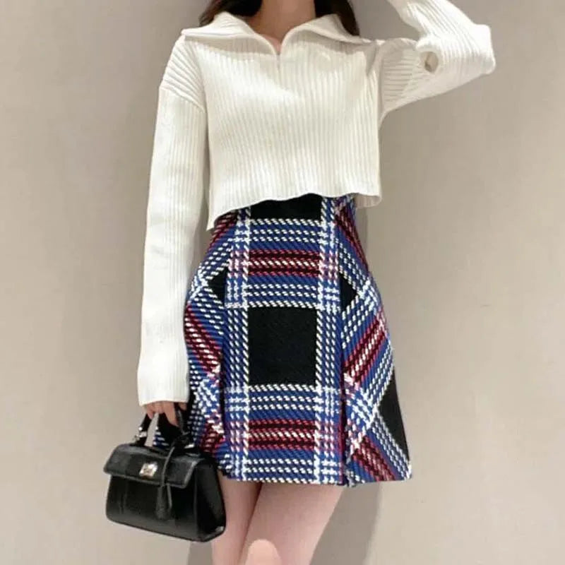 igh Waist Slim Contrast Color Plaid Kawaii Mini Skirt denim skirt classic
