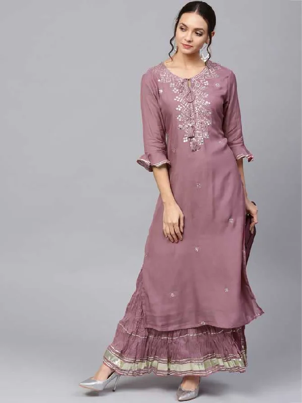 Women's Mauve Pink Rayon Kurta with Skirt by Ishin (2pcs Set) ruffled skirt detail