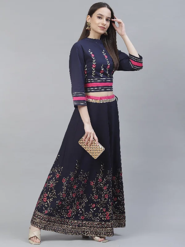 Women's navy blue embriodred top with skirt - Meeranshi silk skirt luxurious