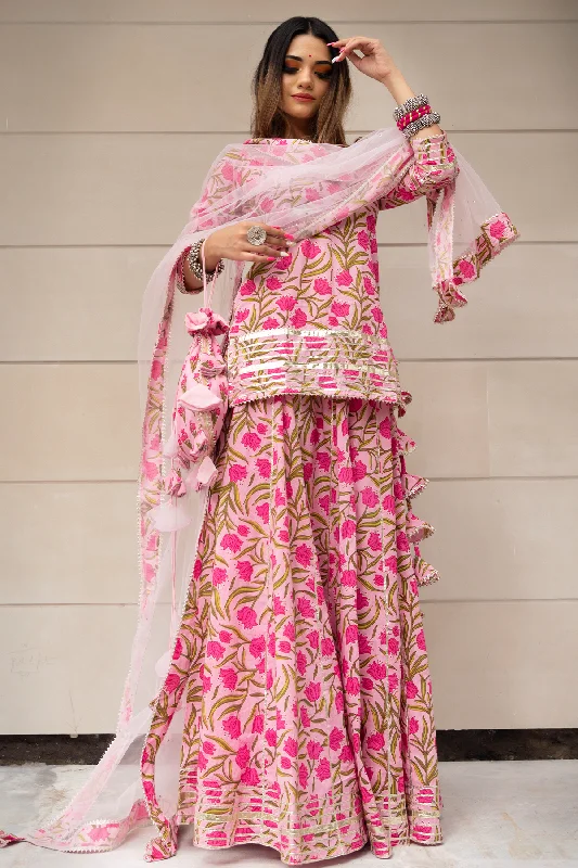Women's Tulsi Pink Cotton Hand Block Skirt Set - Pomcha Jaipur denim skirt stylish