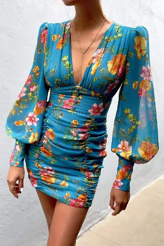 Kim Mini Dress - Aqua Floral Stylish Short Sleeve Mini Dress