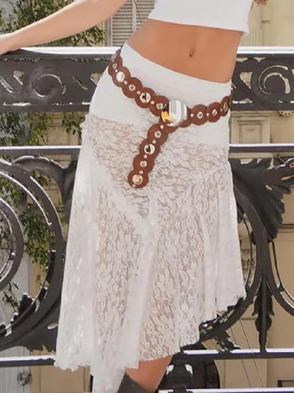 Lace Asymmetrical Ruffle Trim Low-Rise Midi Skirt spandex blend skirt