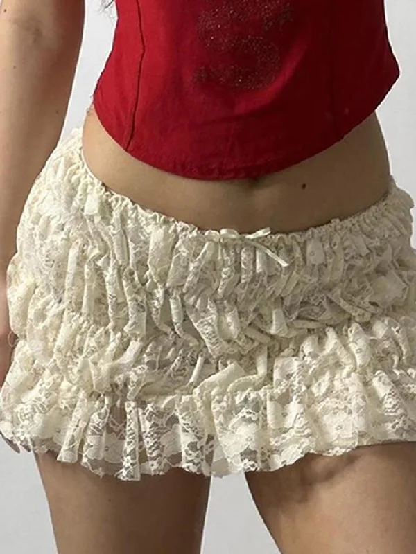 Lace Ruched Low-Rise Double-Layer Mini Skirt patchwork skirt art
