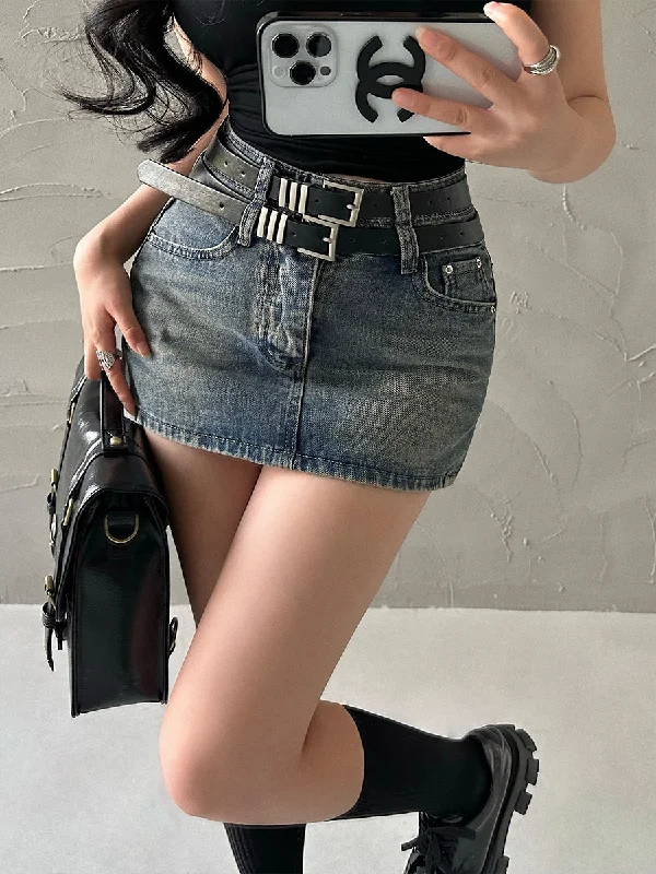 Latia Denim Blue High-waisted Double Belt Slim Jeans Mini Skirt casual skirt length