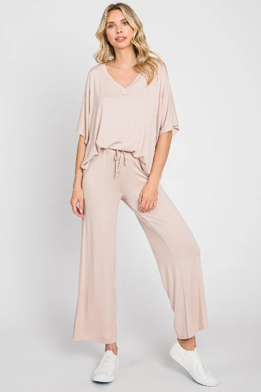 Light Pink Cropped Pant Set Comfortable Jogger Trousers