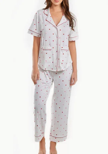 Lilly Plus Size PJ Heart Print Pant Set Trimmed with Front Pockets and Button Down Closure Elegant Palazzo Trousers