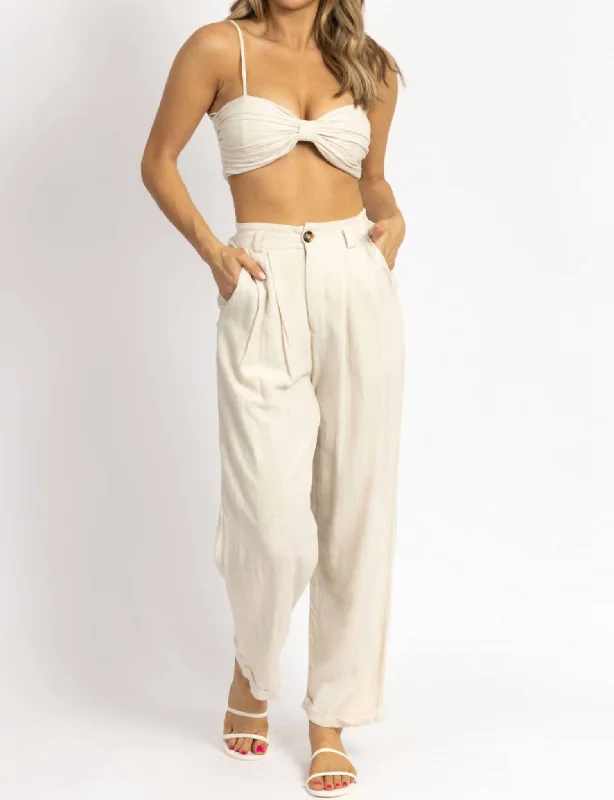 Linen Ruched Crop + Pant Set In Oatmeal Comfortable Denim Trousers