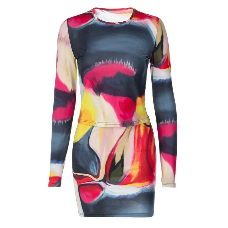 Long sleeve tie dye round neck mini skirt set belted skirt waist
