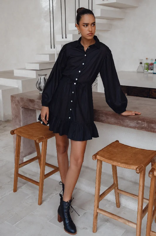 Malina Button Down Cotton Mini Dress Stylish Puff Sleeve Mini Dress