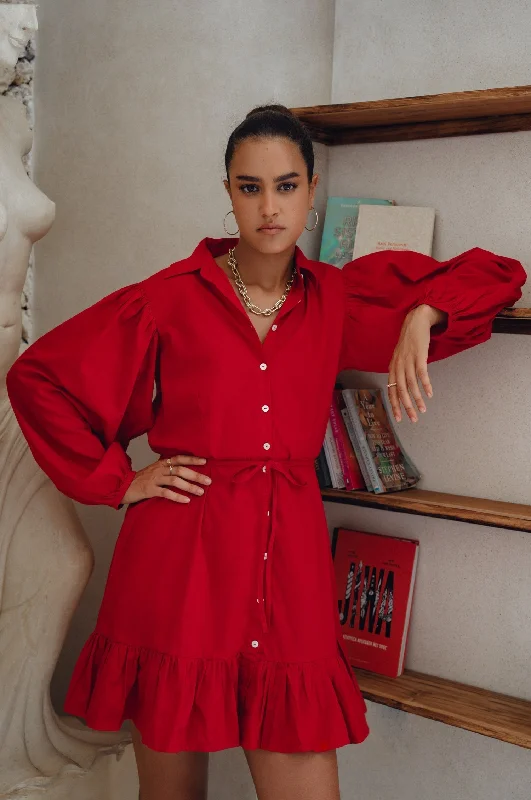 Malina Button Down Cotton Mini Dress Trendy Off-Shoulder Dress Mini