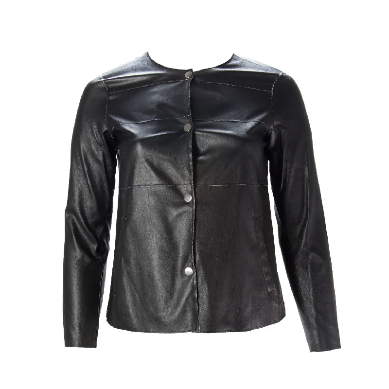 MARINA RINALDI Women's Black Calle Faux Leather Jacket 8W / 17 $340 NWT Boat Neck Shawl Collar Notched Collar MARINA RINALDI Women's Black Calle Faux Leather Jacket 8W / 17 $340 NWT Boat Neck Shawl Collar Notched Collar