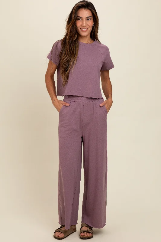 Mauve Basic Tee And Wide Leg Pant Set Relaxed Linen Pants