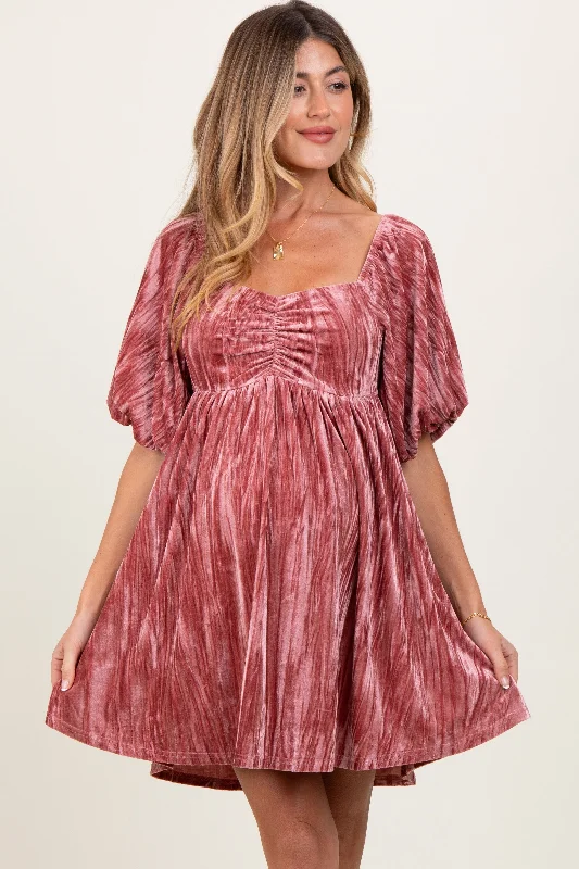 Mauve Crushed Velvet Puff Sleeve Maternity Mini Dress Cozy Knitted Mini Dress