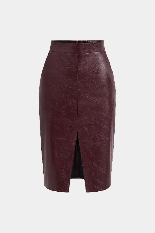 Faux Leather High Waist Split Skirt wool skirt warm